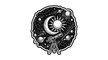 Celestial sun moon planets telescope woodcut engraving © jaya