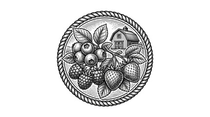 Circular berry farm emblem with assorted summer fruits. © jaya