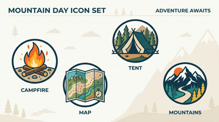 Mountain day icon set campfire map tent mountains adventure awaits with displays four circular vector icons campfire mountains textured background © Waqas