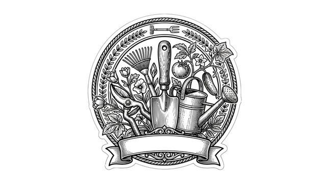Detailed garden emblem with tools and watering can.