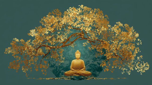 9.Buddha statue with golden Bodhi tree branches spreading above, sacred symbolism of enlightenment, warm gold and green tones, elegant vector illustration, peaceful religious concept