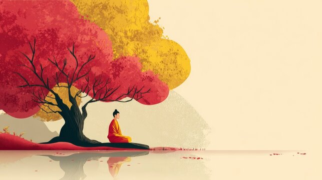 11.Symbolic Buddhist illustration of Buddha meditating under a golden Bodhi tree, tranquil environment, minimalist flat vector design, sacred cultural representation
