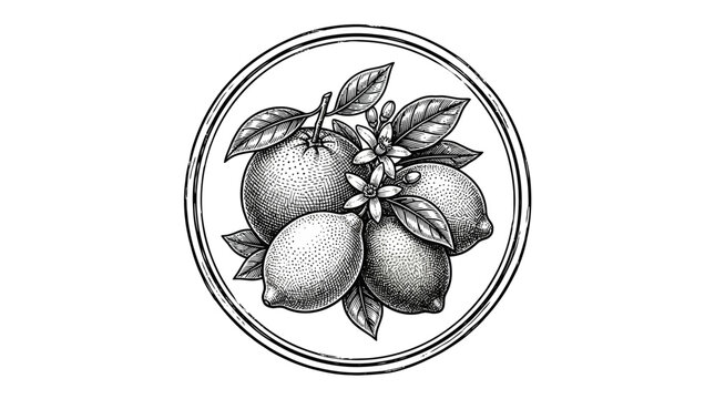 Hand drawn lemon citrus fruit and blossom emblem.