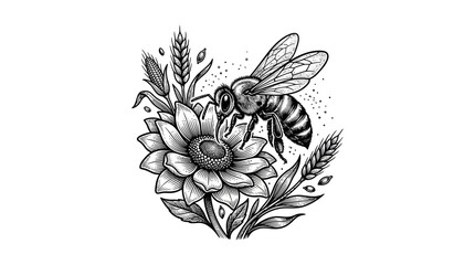 Large bee pollinating sunflower vintage engraving style © jaya