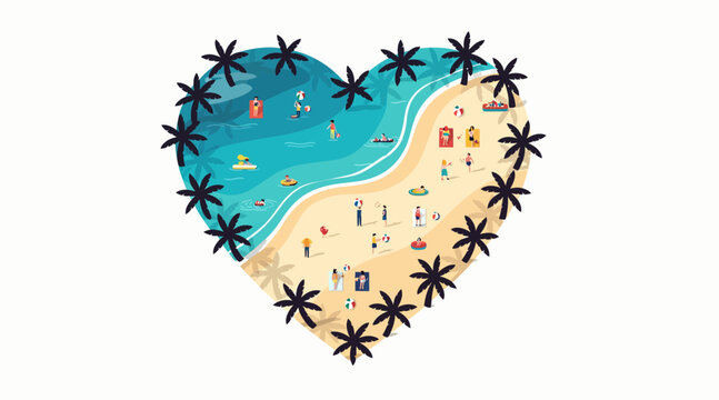 heart shaped beach with palm trees and people