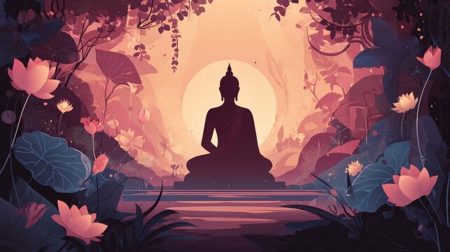 27.Calm Buddha meditating in lotus position, gentle aura surrounding figure, symbolic Asalha Puja Day theme, harmonious color palette, vector illustration
