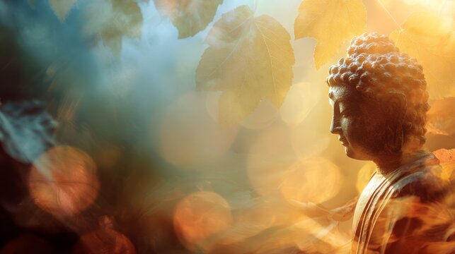 32.Serene Buddha statue combined with double exposure bo leaf textures, soft lens flare lighting, spiritual and peaceful atmosphere, warm golden tones, abstract nature overlay, spacious copy space