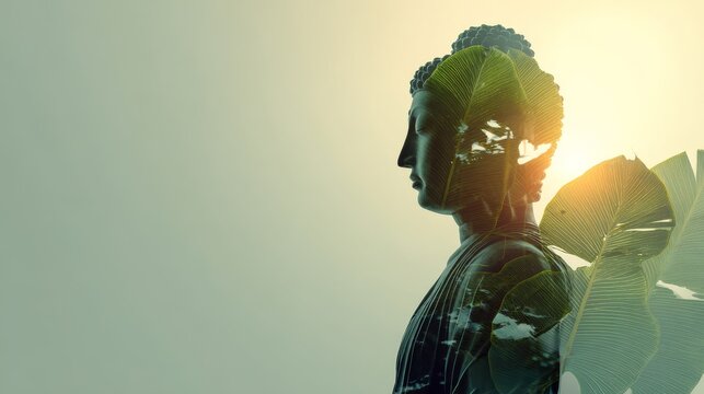 33.Calm Buddha sculpture blended with sacred bo leaf silhouette in double exposure style, gentle sunlight flare, minimal background, meditative mood, spiritual concept with clean copy space