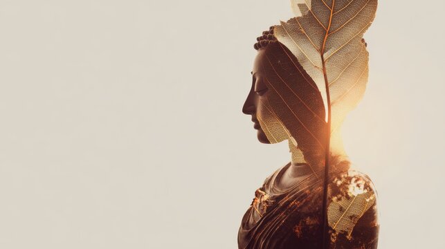 33.Calm Buddha sculpture blended with sacred bo leaf silhouette in double exposure style, gentle sunlight flare, minimal background, meditative mood, spiritual concept with clean copy space