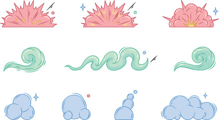 Cartoon Special Effects Vector Set with Comic Book Style Explosions Smoke Clouds Wind Swirls Dust Trails and Sparkles for Game Asset Design © Lal