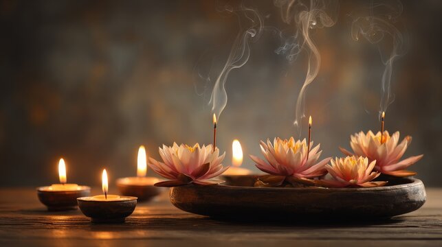 39.Peaceful Buddhist offering scene with lotus blossoms, burning incense and candles, warm glow, respectful devotional mood, minimal composition with copy space
