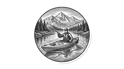 Person kayaking on mountain lake circular landscape. © jaya