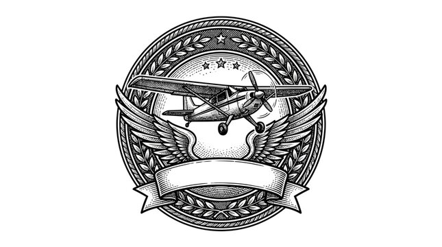 Retro aviation emblem featuring vintage propeller plane.