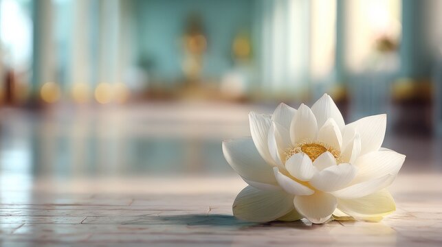 68.Pure white lotus flower placed in buddhist temple setting, soft natural light, symbolic offering for sacred puja days, peaceful spiritual atmosphere, minimal serene composition