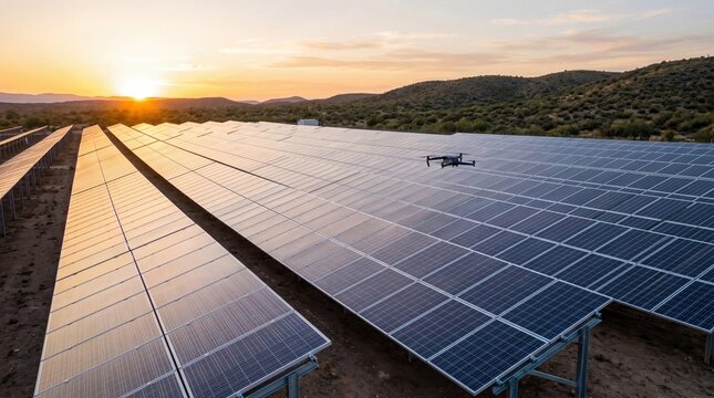 Drone flying over vast solar panel farm during golden hour sunset, inspecting renewable energy infrastructure in desert landscape with rolling hills and clear sky background