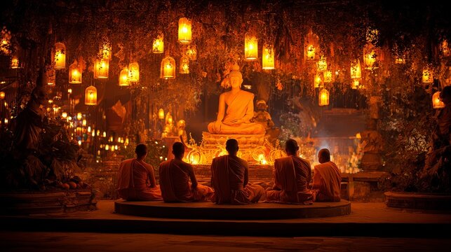 94.Cultural heritage image of monks gathered around a Buddha statue at Phan Tao temple, illuminated lanterns creating a golden glow, calm meditation posture, traditional Thai temple details, night