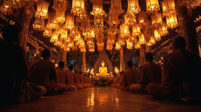 94.Cultural heritage image of monks gathered around a Buddha statue at Phan Tao temple, illuminated lanterns creating a golden glow, calm meditation posture, traditional Thai temple details, night