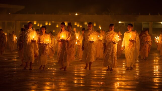 104.Traditional Thai candlelit procession with devotees walking barefoot, holding lotus flowers and candles, temple grounds at night, warm golden light, peaceful and reverent cultural atmosphere
