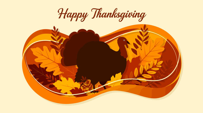 Happy Thanksgiving, autumn leaves and turkey silhouette