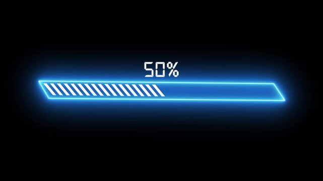 Futuristic neon blue loading bar advances from 5 to 100 percent in digital interface graphic motion.