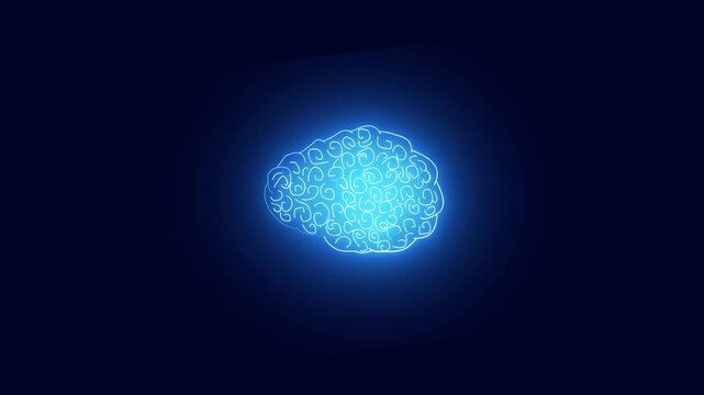 Futuristic digital brain animation with glowing neon blue lines in square scanner frame representing artificial intelligence development data processing and cognitive science.