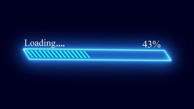 Abstract loading bar animation showing data progression with blue neon glow on dark background, digital transfer indicator for software installation or internet download.