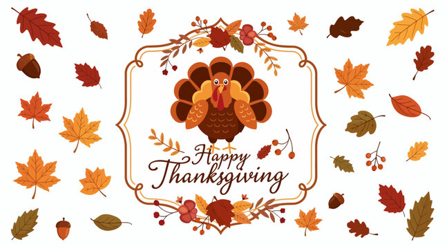 Happy thanksgiving day, autumn leaves and turkey