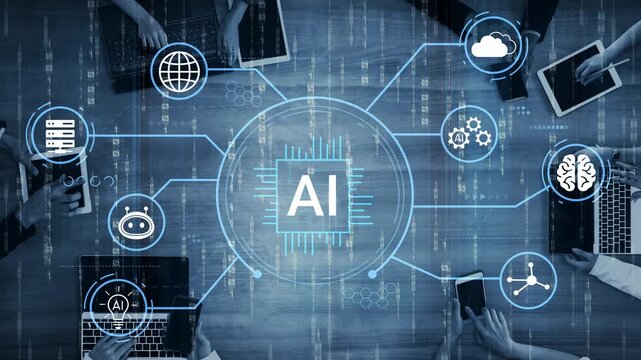 Futuristic Technology Concept with AI Integration Depicted Through Icons, Data Visualization, and Digital Interaction on Wooden Table Surface. Entropy.