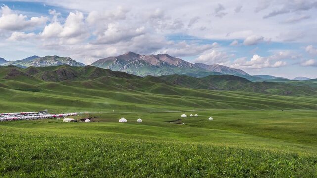 Time Lapse of Yurt Pasture at Yelang Valley along Yizhao Highway, Yili, Xinjiang, China
