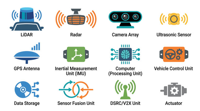 Autonomous driving sensor components and hardware diagram.