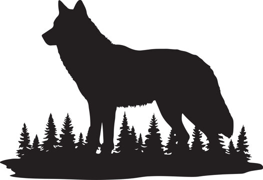 Black silhouette of a wolf standing amidst pine trees forest