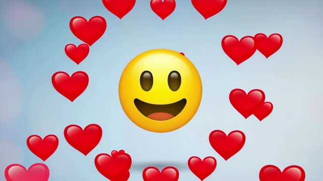 Heart emojis appearing around smiling face icon on blue background, floating love symbols and positive reactions for social media engagement, app feedback, dating messages, and digital marketing media
