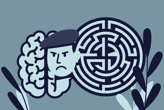 Conceptual portrait of a man analyzing complex thoughts, with a brain on one side and a circular maze on the other.