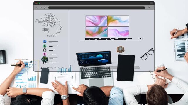 A modern office scene showing a collaborative business meeting with digital screens displaying data analysis, where professionals engage in teamwork and planning. Raster