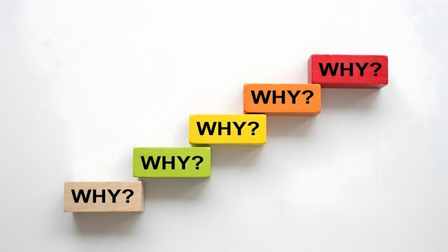 Colorful wooden blocks with 'why' text on white background with blocks diagonal line five wooden investigation explanation curiosity reasoning education question analysis solution thinking with puzzle