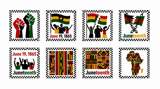 Juneteenth celebration stamps with african american freedom symbols