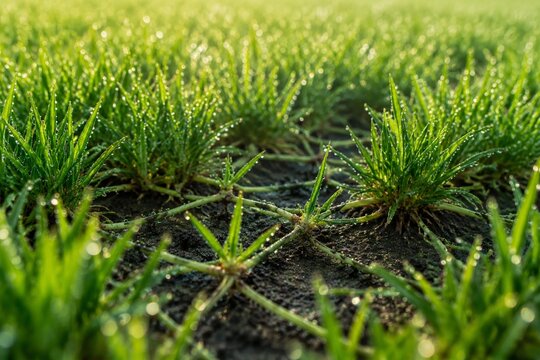 Lush green lawn with stolon network connecting grass clusters, morning dew.