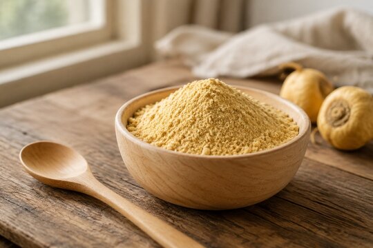 A shallow wooden bowl filled with fine pale yellow maca powder and a spoon.