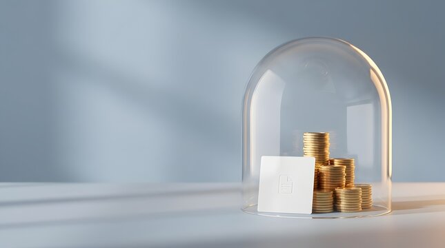 Financial asset protection and wealth security concept showing gold coins and secure document under glass dome