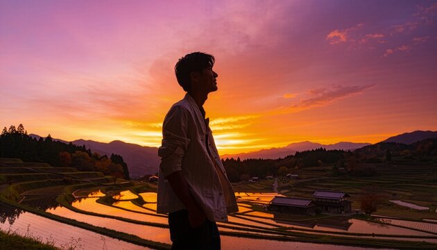 Man Silhouette Standing Against Dramatic Purple Orange Sunset Over Japanese Terraced Rice Fields and Mountain Landscape
