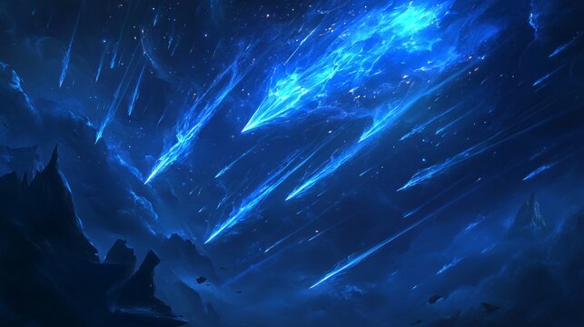 Digital Art. Cosmic Landscape. Meteor Showers, Stars, Night Sky.