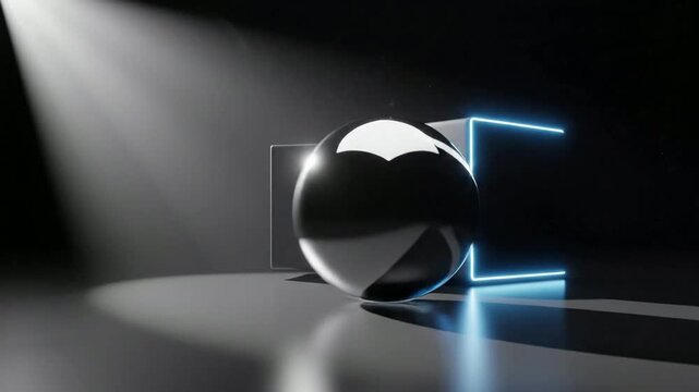 Rotating Black Cube and Sphere with Glowing Blue Neon Edges in Dark Space