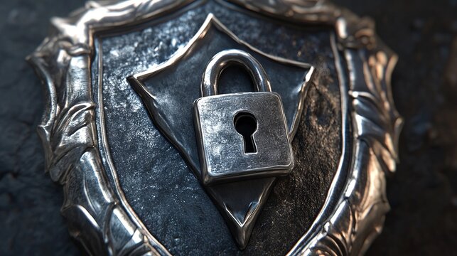 Digital Art. Security Shield. Metallic Lock Symbol.