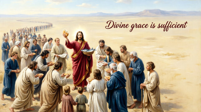 Jesus Christ miraculously blesses five loaves and two fish to feed five thousand hungry people.