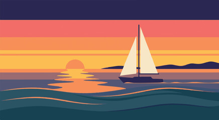 Naklejka premium Sailing boat on calm sea at vibrant sunset