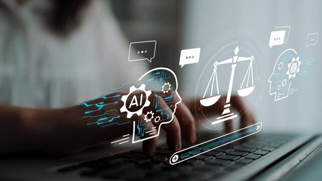 Hands Typing on Keyboard with AI Symbol and Legal Scale Icons Representing Technology and Law Concepts in Modern Digital Environment. Entropy.