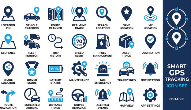 Navigation icons represent smart GPS tracking features for fleet management systems and modern logistics digital monitoring applications.