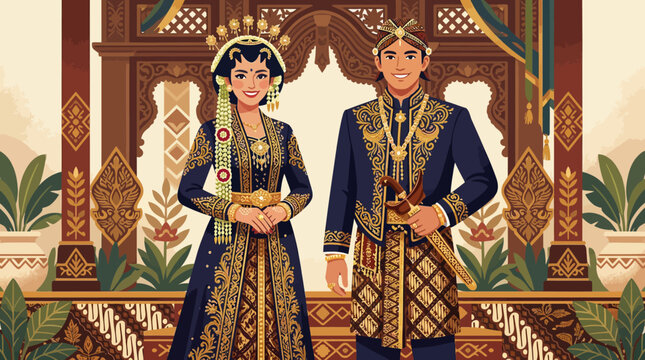 Javanese couple in traditional blue wedding attire.