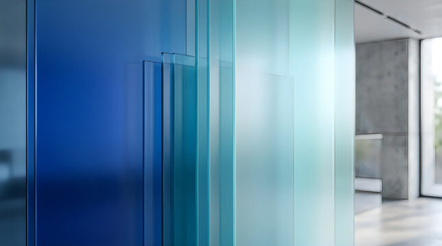Modern interior wall design featuring layered blue frosted glass panels with a smooth gradient effect in a minimalist architectural setting.