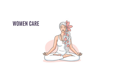 Obraz premium Serene woman with flowers in her hair sitting in a lotus position and practicing yoga for meditation and spiritual wellness care.